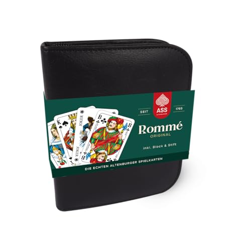 ASS 22570064 Rommé Kartenspiel 2 x 55 Karten im Format 59 x 91 mm + Bleistift + Block + Regelheft im edlen Kunstleder-Etui auch für Canasta und Bridge geeignet ab 10 Jahren