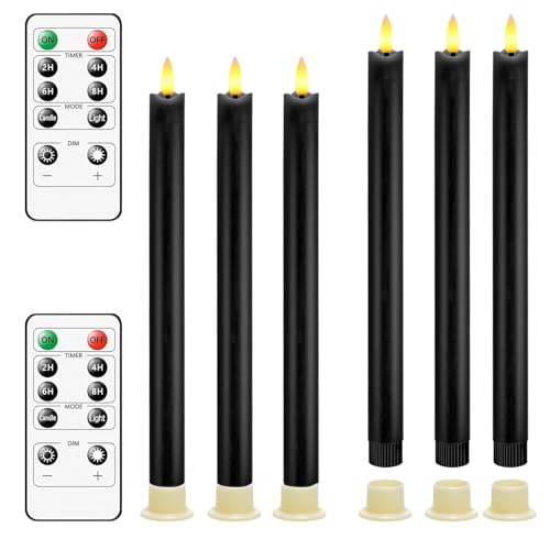 Image of LED Flameless Taper Candles with Two Remote Timer Battery Operate, Pack of 6, 3D Flickering Warm Real Wax Candles, Wedding Dinner Holiday Decor Candles, (D 0.86 inch * H 9.6 inch)-Black