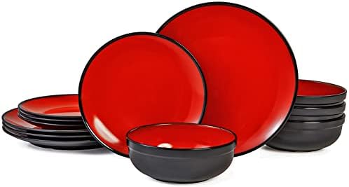 TP 12-Piece Dinnerware Set, Melamine Dishes Set with Bowls and Plates, Non-breakable Lightweight Dinner Service for 4, Red & Black