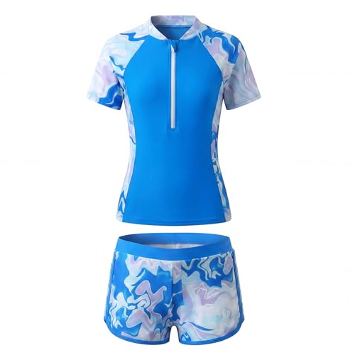 Keyck Maillot de Bain 2 Pièces pour Fille Manches Courtes 13-14 Ans, Bleu