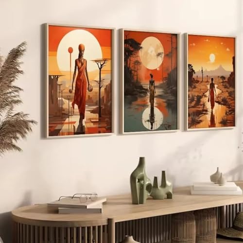 Tableau africain femme lot de 3 toiles 50x70 cm sans cadre pour decoration salon moderne