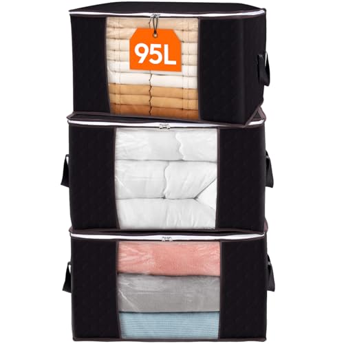 Lifewit 3 Pack 95L Clothes Storage Bags Large Storage Box with Lid Packing Boxes for Moving House with Reinforced Handle Thick Fabric Clear Window for Clothes Duvet Blankets Bedding, Black