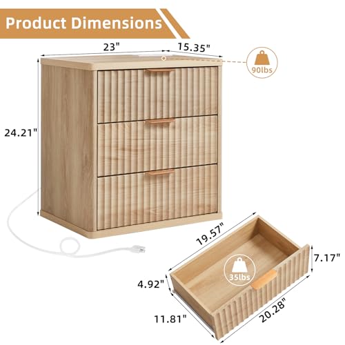 LEYAOYAO 23" Wide Fluted Farmhouse Night Stand Set of 2 with Charging Station, 3 Drawers Large End Table w/Metal Handle, Natural Nightstand Bedside Table,Wood Dresser for Bedroom, Closet