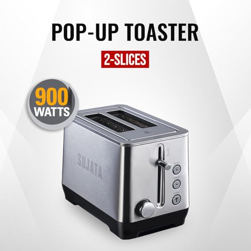 Image of Sujata 900 W Pop-up 2 Slice Stainless Steel PT11 Toaster | 7 Heating Modes | Cool Touch | Reheat and Defrost Function | High Lift Toast | Extra Wide Toast Slot