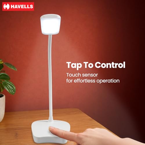 Image of Havells Lucento Table Lamp 4.5W | Integrated Touch Sensor|3 Step Dimmable LED Table lamp|3.7V, 800 mAh Lithium‑Ion Battery | Light Modes: 100%, 50%,25% | Eye Soft Technology for Soft Glare-Free Light
