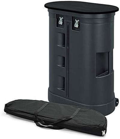 Vispronet Hard PVC Case with Wheels and Removable Lid – Interior Dimensions are 26.5in x 30.5in x 11in – Weighs 37lbs and Stands 39in Tall – Comes with a Black Wood Grain Laminated Foldable Tabletop