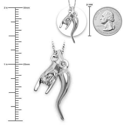Italian Horn with Hand Sign Pendant - Gold Plated 925 Sterling Silver - 3D Good Luck Sign - Italian Mano Cornuto Hand Symbol - Cornicello Charm Pendant3