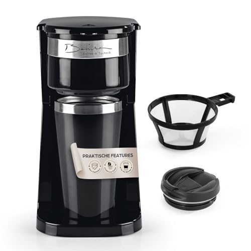 Barista Single Kaffeemaschine to go 750 Watt | kompakte Filterkaffeemaschine mit Thermobecher | kleine, tragbare Coffee to go Maschine | Inkl. Isolierbecher & Nylon-Permanentfilter - Schwarz, Silber