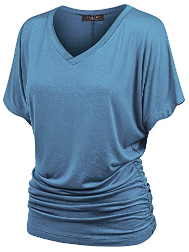 MBJ WT1037 V Neck Short Sleeve Dolman Top with Side Shirring M DENIM