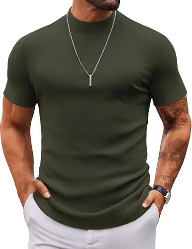 COOFANDY Mock Neck Tops for Men Black Turtleneck Short Sleeve Dress Tops Classic Turtle Neck Sweater Basic Tee Green