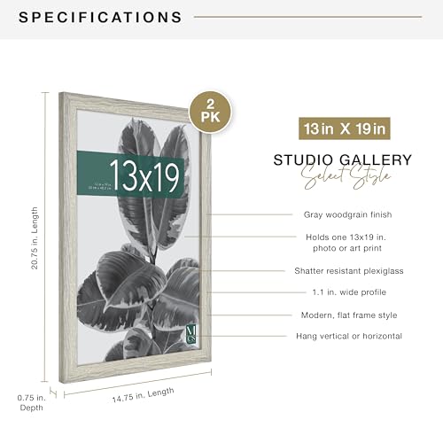 MCS Studio Gallery 13x19 Picture Frame Gray Woodgrain, Rectangle Photo Frame for Photos, Posters & Art Prints (2-Pack)