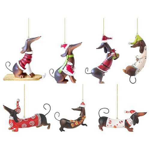 7 Stück Lustiger Dackel Weihnachtsbaumschmuck - 2D Acryl Deko Christbaumschmuck für Weihnachten