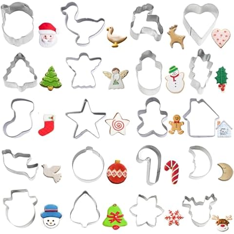 Crethinkaty Mini Christmas Cookie Cutters Set 20 Pieces Stainless Steel Cookie Cutter Set for Baking -Christmas Tree,Snowman,Reindeer,Santa Face, Star,Stocking,Candy Cane,Gingerbread Man and More Cover