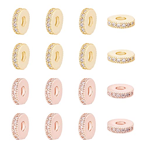NBEADS 16 Pcs 2 Colors Brass Cubic Zirconia Spacer Beads Flat Round Micro Pave CZ Beads Rondelle Rhinestone Beads for Jewelry Making