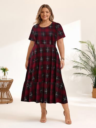Image of LARACE Plus Size Dresses for Women Summer Casual Short Sleeve Long Dress Flowy Maxi Beach Dresses with Pockets L-6XL