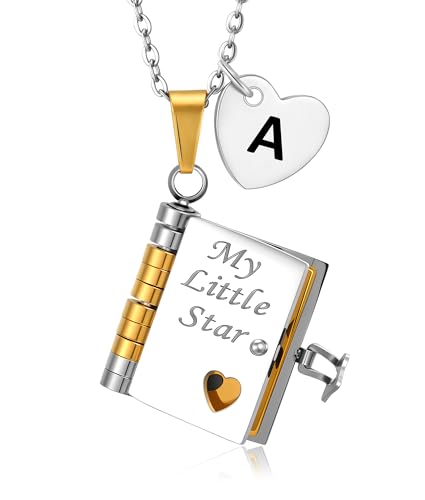 My Little Star Book Necklace for Daughter Girls Initial Non Tarnish Gift for Daughter from Mom and Dad Letter A-Z Heart Locket Charm Message Pendant Necklace for Kids Teens