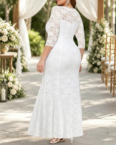 Image of Pinup Fashion Plus Size Formal Dress Women Wedding Lace Evening Gowns | Elegant lace mermaid evening gown, sheer 3 /4 sleeves, ideal for mother of the bride, prom, wedding guest