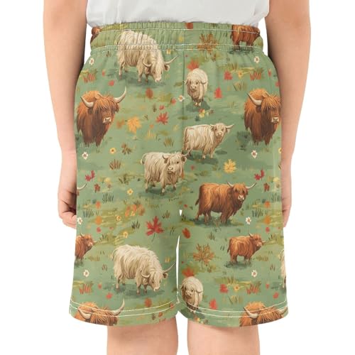 Highland Cattle Maple Leaves Boys Active Basketball Shorts Lightweight Summer Sports Shorts with Pockets for Kids3