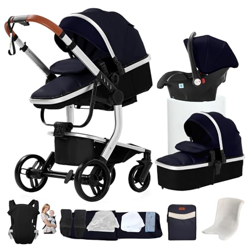 NADDLILY Cuero PU Carrito Bebe 3 en 1, Carrito Bebe con Diseño Portátil Plegable, Carro Bebe 3 Piezas con Empuje Reversible Dos Vías, Cochecito Bebe 3 Piezas con Accesorios (L518 Silver Blue)