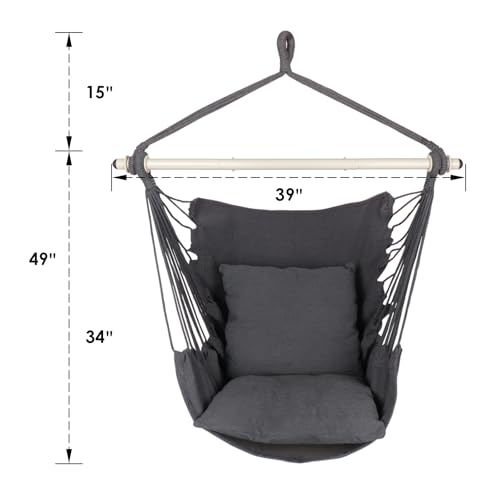 Image of Highwild Hammock Chair Hanging Rope Swing - Max 500 Lbs - 2 Cushions Included - Steel Spreader Bar with Anti-Slip Rings - for Any Indoor or Outdoor Spaces (Grey)