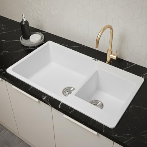 Image of ARQUIN Double Bowl Quartz Kitchen Sink 34x20x9 Inch White | Durable & Scratch-Resistant Sink | Undermount,Topmount | Including Coupling,Sink Connector,Waste Pipe & Fruit Washing Basket