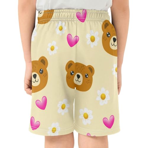 J JOYSAY Bear Daisies Hearts Beige Boys Athletic Shorts Kids Youth Casual Shotrs with Elastic Waistband Pockets3