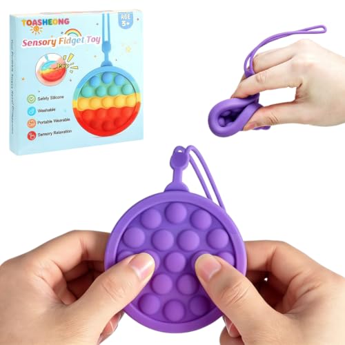 Instant Rebound Fidget Toy with Wrist Strap, No Flip Push Pop Sensory Toy, Continuous Press Bubble Toy for Kids and Adults, Silicone Stress Relief Toy, Keychain Fidget for Travel and School (Purple)