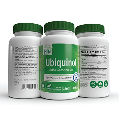 Image of Health Thru Nutrition Ubiquinol 100mg 360 Softgels as Kaneka QH Reduced CoQ-10 | Stabilized - 3rd Party Tested | Enhanced Bioavailability | Cardiovascular & Mitochondria Function Support | Non-GMO