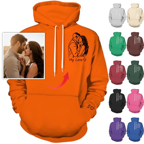 Nevaou Felpa con Cappuccio Personalizzata - Progetta il Tuo Ritratto dalla Foto per Uomini, Donne, Coppie - Regali Personalizzati, Arancione, L/6XL