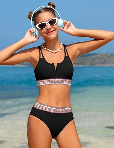 Girls Swimsuit High Waisted Bathing Suit for Girls V-Neck Cutout Two Piece Swimwear Color Block Welt Bikini Set 9-16y3