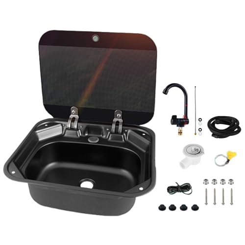 qingshenyi 小型 RV用シンク ステンレスシンク 折りたたみ式蛇口と蓋付きキャンピングカー キット アクセサリー バー用 耐久性 (ブラックシンク + シングル水蛇口)