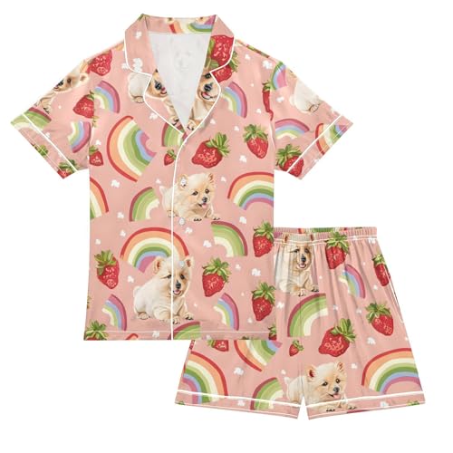 ALAZA Strawberry Puppy Dog Rainbow Blossom Pajamas Satin Pajama Set Short Sleeve Button Down Sleepwear