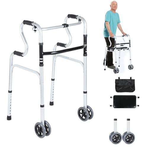 ISOISL Andador para personas mayores, plegable, con 2 ruedas, altura regulable, aluminio, antideslizante, estable, hasta 180 kg, color plateado