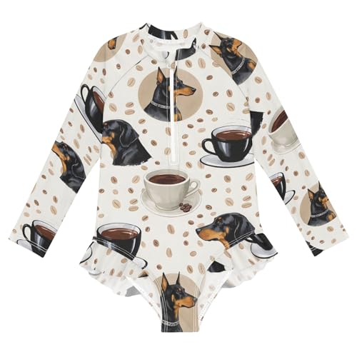 ALAZA Swimsuit for Girls Long Sleeve Rashguard Bathing Suit German Shepherd Coffee Dog Quick Dry 4T