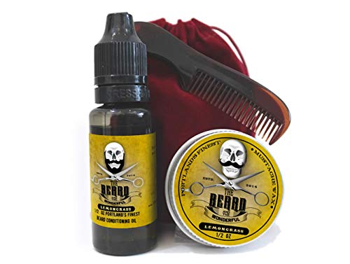 Homme Ensemble de Toilettage Citronnelle Parfum - Cire à Moustache, Huile pour Barbe & de Poche Barbe et Tache Peigne Présenté dans Velours Rouge Cordon de Serrage Sac de Voyage