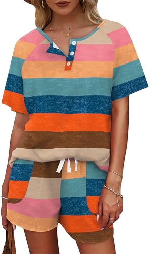 Image of WIHOLL Two Piece Outfits for Women Lounge Sets Button Down Top and Shorts Set Sweatsuits with Pockets