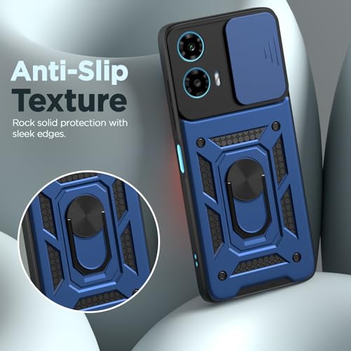 Image of Pikkme Back Cover for Motorola Moto G34 / G45 5G | 360 Protection Case | Sliding Camera Shield Cover & Ring Holder Stand D10 Tough Armor Bumper Case (Blue)