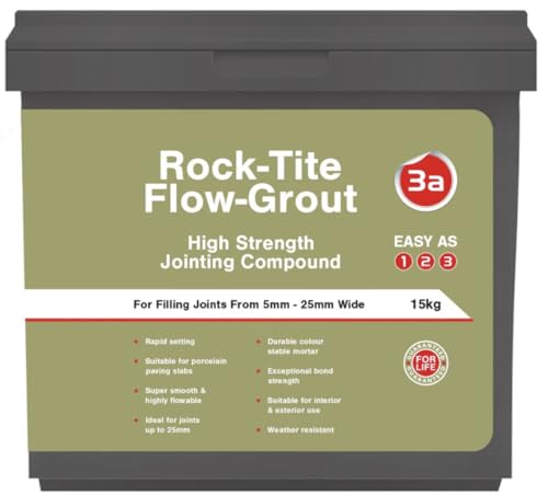 Image of Rock-Tite Flow Grout, Cement Grey, 15kg, Self-Levelling Jointing Compound, Fast Setting, Weed Resistant, for Paving, Patios & Driveways