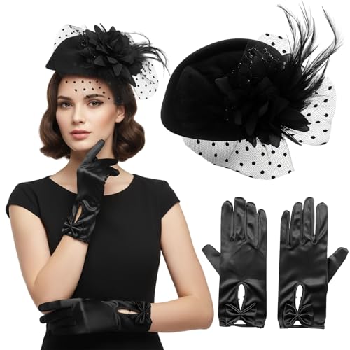 PjuQow 2er Set 20er Jahre Hut Damen Fascinator Damen Vintage Accessoires Schwarze Federhut und Handschuhe