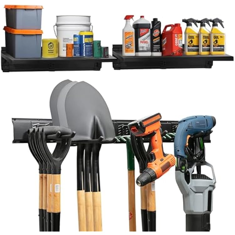 Heavy-Duty Garage Wall Storage System | Wall Mounted Tool Organizer Rack with Shelving | 10-Piece Mounting Kit | Includes 4x8.5 Adjustable Hooks & 2x16.5 Floating Utility Shelves