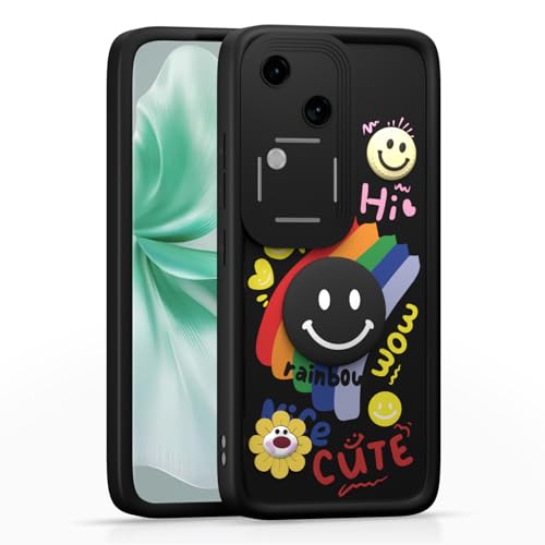 Image of Pikkme Back Cover for Vivo V30 5G / V30 Pro 5G | Soft Silicone| Cute Rainbow Smile & 3D Cartoon Flower Design | Shockproof Raised Camera Protection Bumper Case (Black)