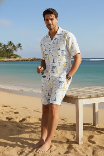 Image of Zilcon Men's Matching Set Summer Beach 2 Piece Outfits Floral and Palms Button Down Shirts and Shorts Goa Vacation Outfits