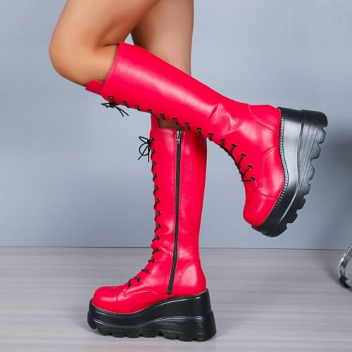 Parisuit Womens Platform Wedge Knee High Boots Goth Motorcycle Boots Lace Up Heeled Punk Combat Boots4