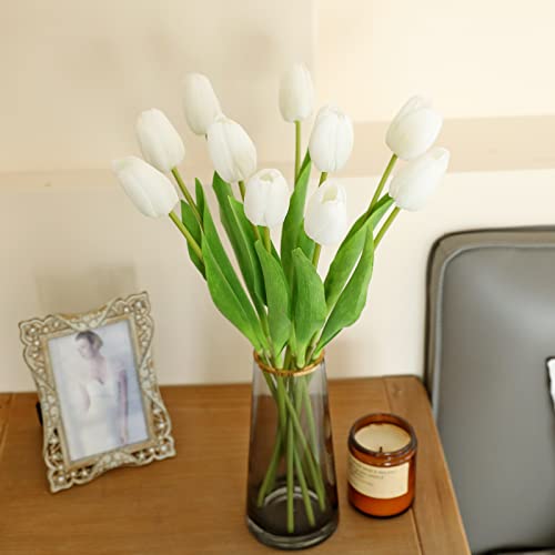 Dallisten 10Pcs White Artificial Tulips Silk Flowers, Long Stem And Green Leaves, Fake Flowers Decoration For Vase, Wedding, Party, Kitchen, Office, Home, Bedroom, Table Centerpiece Decor #TOP2