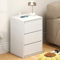 YOSHOOT Bedside Table, Nightstand with 3 Drawers and Power Station, Modern End Table, Wooden Storage Side Table for Living Room Bedroom, 40 * 35 * 59.5cm (White)