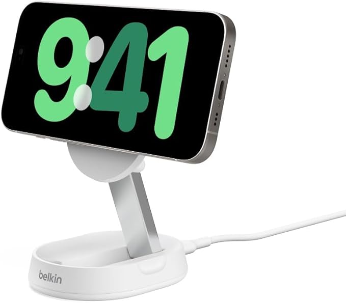 Belkin BoostCharge Pro 15W convertible magnetic wireless charging stand, MagSafe compatible fast Qi2 wireless charger, magnetic fast charger for Apple iPhone 17/16/15, Air, AirPods, PixelSnap - White