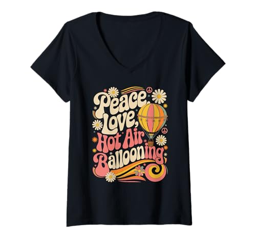 Mujer Balloonist 70s Hippie Retro Peace Love Globo de aire caliente Camiseta Cuello V