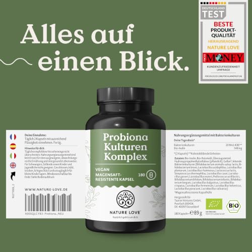 Nature Love Probiona Kulturen Komplex – abgestimmte Bakterienstämme – 300 Mrd. KBE/g – 180 Kapseln, magensaftresistent, vegan – mit Lactobacillus & Bifidobakterien, 20 Mrd. KBE/Tag, 3 Monate