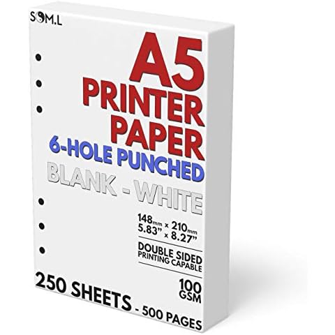 A5 Blank Paper 6-Hole Punched, 250 Sheets (500 Pages), 100 GSM, Printer Paper 148mm x 210mm (5.83 in. x 8.27 in.) Cover