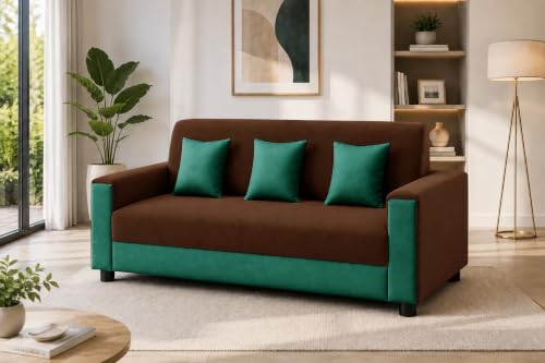 Image of 3 Seater Wooden Sofa | Velvet Fabric Couch with Cushions | Comfortable Living Room Sofa | Sturdy Wooden Frame | Home & Office Furniture | Brown & Green